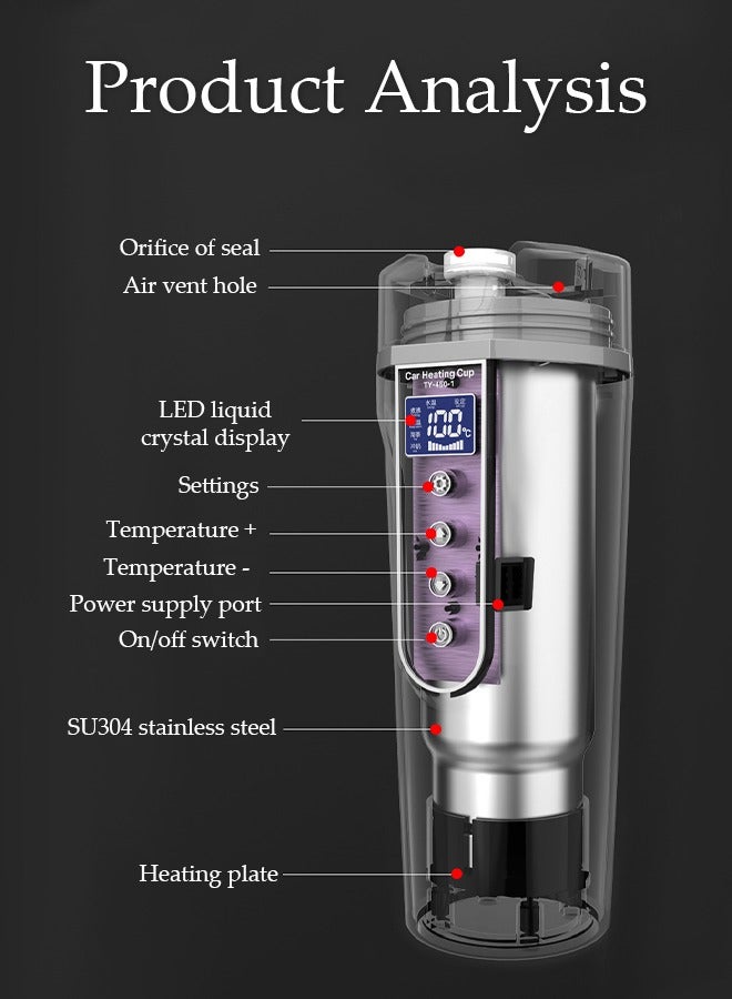 Car Heating Water Cup12v or 24V Car Heating Cup Car Heated Mug, 450ml Stainless Steel Travel Electric Coffee Cup Insulated Heated Thermos Mug Electric Kettle white