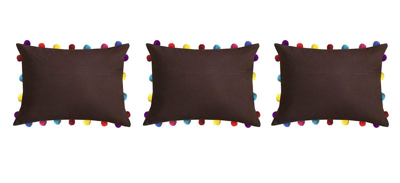Lushomes Cushion Cover 14x20 Boho Cushion Covers Sofa Pillow Cover Cushion Covers with Tassels Cushion Cover with pom pom 14x20 Inches Set of 3Brown - Image 1