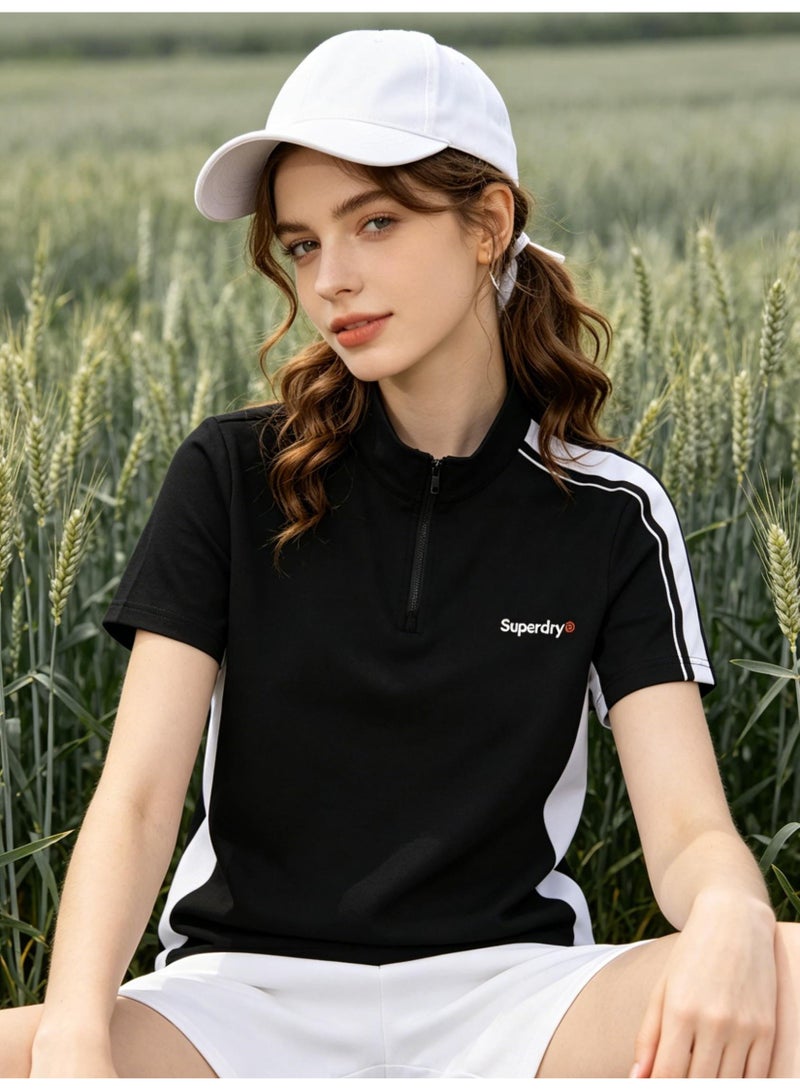 سوبر دراي Superdry Unisex Half Zip Color Block Sport Polo Shirt, Contrast Stripe Quick Dry Athletic Short Sleeve Training Tee for Men Women Workout Running - Image 2