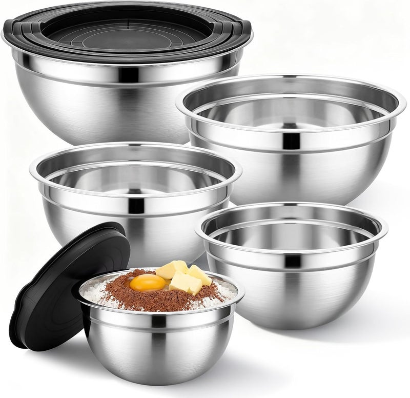 Beasea Mixing Bowls with Lids Set of 5, 1.5/2/2.5/3.4/4/5 QT Stackable Nesting Stainless Steel Bowls with Airtight Lids, for Meal Prepping, Salad, Food Serving, Baking Set for Dough, Cream, Batter - Image 1