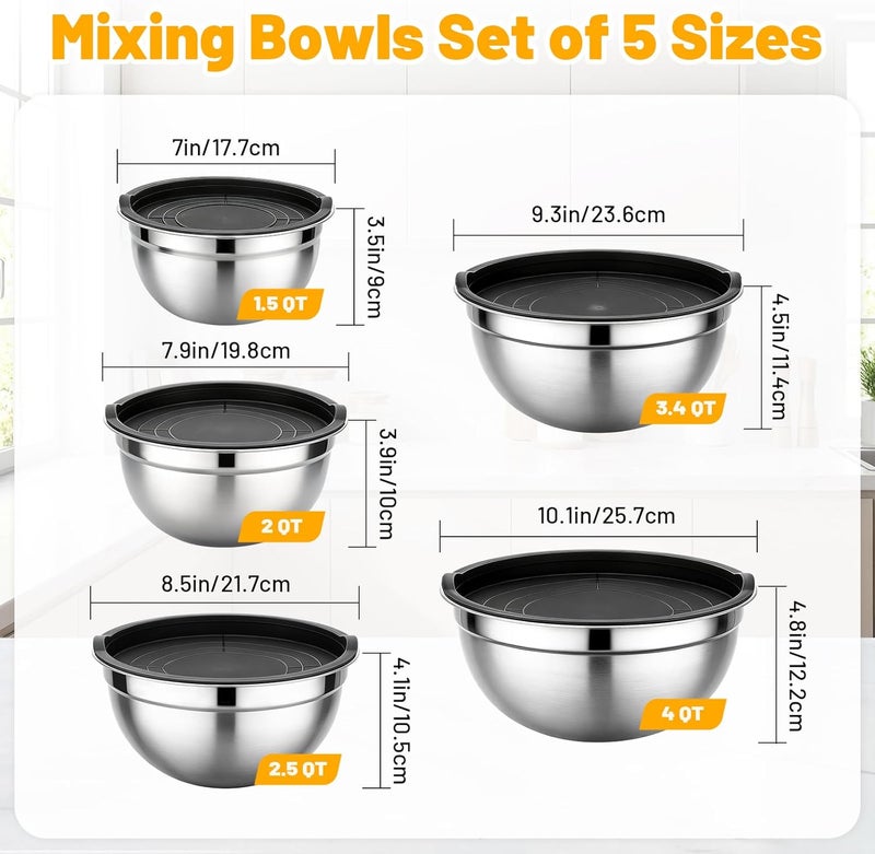 Beasea Mixing Bowls with Lids Set of 5, 1.5/2/2.5/3.4/4/5 QT Stackable Nesting Stainless Steel Bowls with Airtight Lids, for Meal Prepping, Salad, Food Serving, Baking Set for Dough, Cream, Batter - Image 2