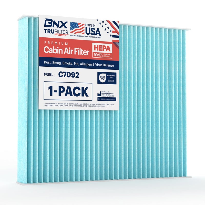 BNX TruFilter C7092 Cabin Air Filter, HEPA 99.97%, MADE IN USA, Compatible with Subaru Crosstrek, Ascent, Impreza, Legacy, Outback, Toyota Prius C-HR, Prius AWD-e, Prius Prime, Corolla, RAV4, Venza - Image 1