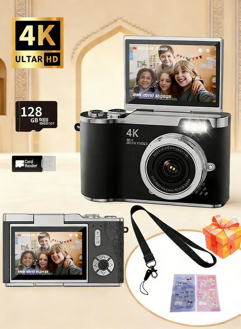 ZetRA 4k CCD Digital Zoom Student Digital Camera 48MP Portable Digital Photography Camera 180° Flip Screen Selfie Camera，with 128GB SD card - Image 1