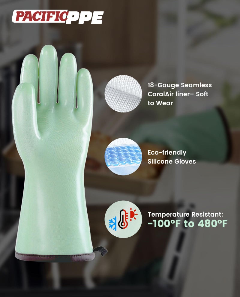 PACIFIC PPE Heat Resistant Oven Gloves, Food Grade Safety Gloves with Thickened Waterproof Silicone Coating for Cooking, Grilling, Baking, Smoker, Green, L/9 - Image 3