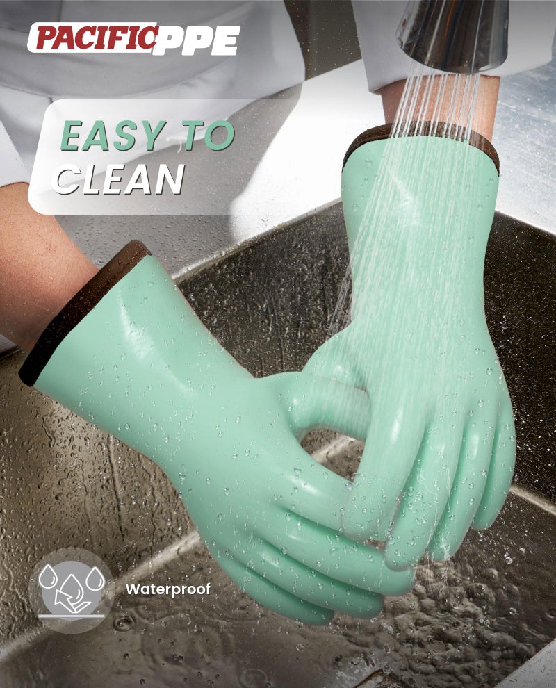PACIFIC PPE Heat Resistant Oven Gloves, Food Grade Safety Gloves with Thickened Waterproof Silicone Coating for Cooking, Grilling, Baking, Smoker, Green, L/9 - Image 4
