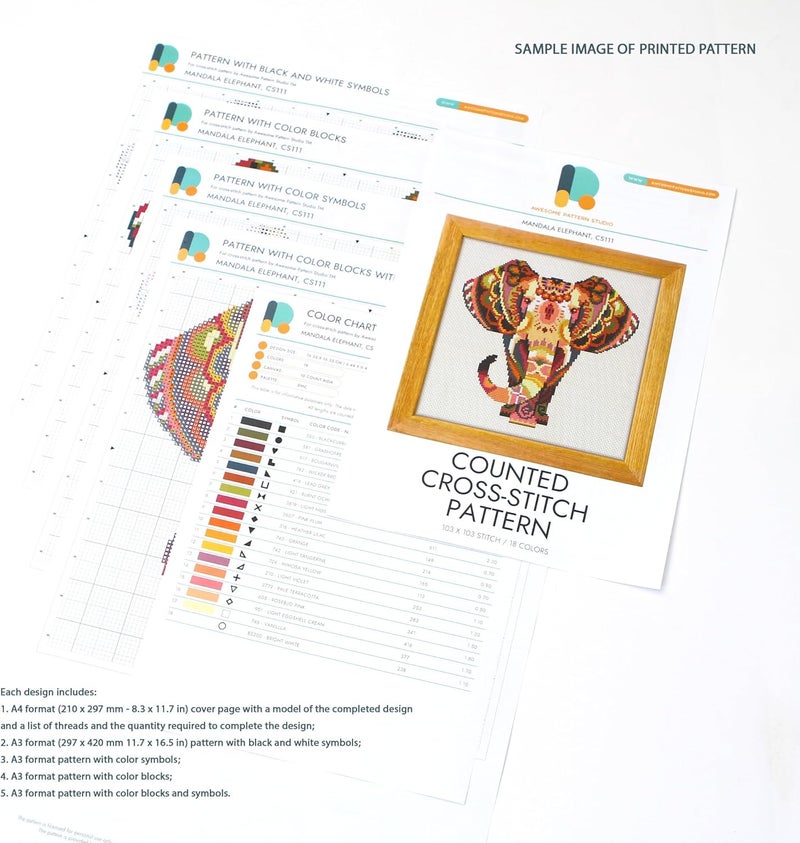 Awesome Pattern Studio Mandala Octopus K295 Counted Cross Stitch KIT. Threads, Needles, 2 Fabrics, Threader, Clippers and 4 Printed Color Patterns. Embroidery Pattern Kit - Image 4