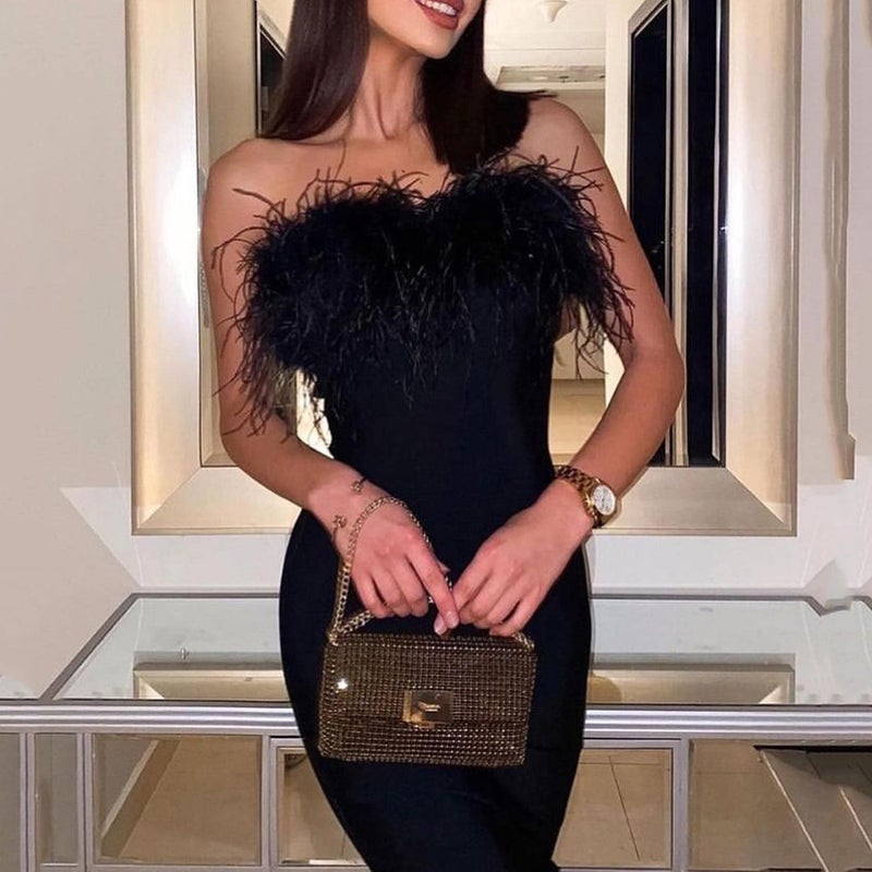 2024 Spring Feather Tube Dress for Women Black - Image 1