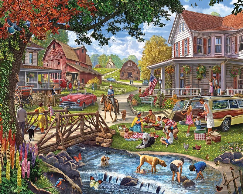 White Mountain 1000 Piece Jigsaw Puzzle Fun Nostalgic Country Fall Puzzles with Large Pieces Gift for Adults and Family 24x30 Family Picnic - Image 3