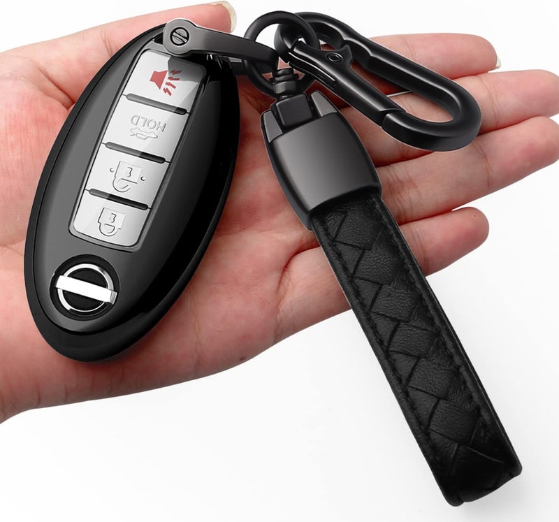 Autophone Compatible with Nissan Key Fob Cover with Leather Keychain Soft TPU 360 Degree Protection Key Case for Altima Maxima Rogue Armada Pathfinder Smart Key 3 4 5-Button,Black - Image 1