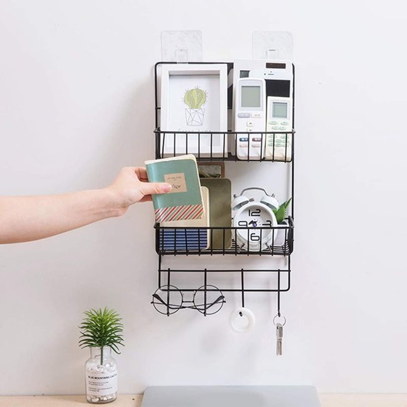 Lukzer 2 Layer Self-Adhesive Multipurpose Kitchen & Bathroom Shelf with 4 Hooks Towel Hanger Shower Caddy Accessories Holder Storage Organizer Wall Mounted Rack (Black/48 x 25 x 13 cm) - Image 4