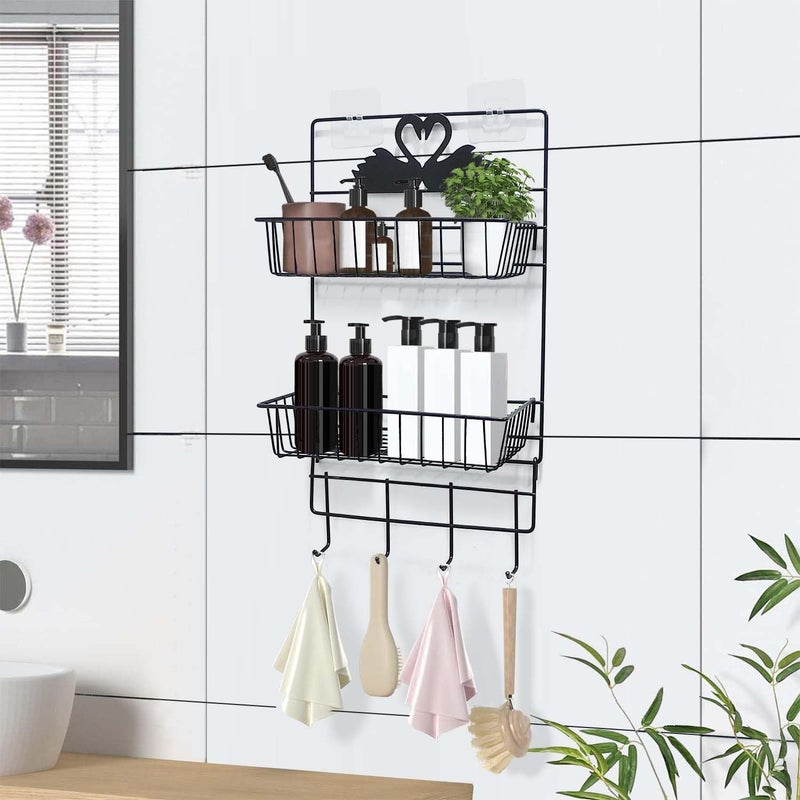 Lukzer 2 Layer Self-Adhesive Multipurpose Kitchen & Bathroom Shelf with 4 Hooks Towel Hanger Shower Caddy Accessories Holder Storage Organizer Wall Mounted Rack (Black/48 x 25 x 13 cm) - Image 2