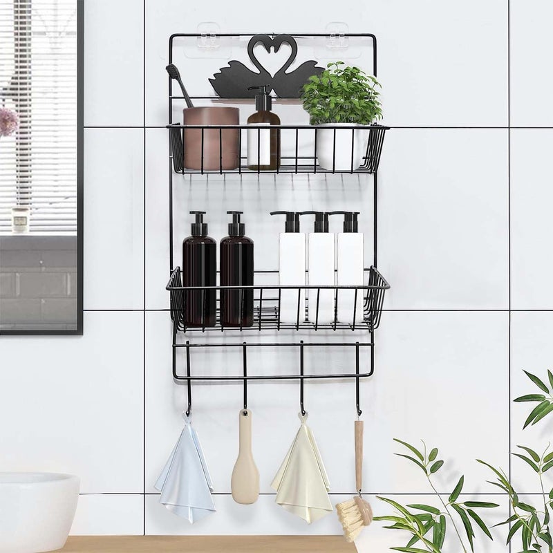 Lukzer 2 Layer Self-Adhesive Multipurpose Kitchen & Bathroom Shelf with 4 Hooks Towel Hanger Shower Caddy Accessories Holder Storage Organizer Wall Mounted Rack (Black/48 x 25 x 13 cm) - Image 1