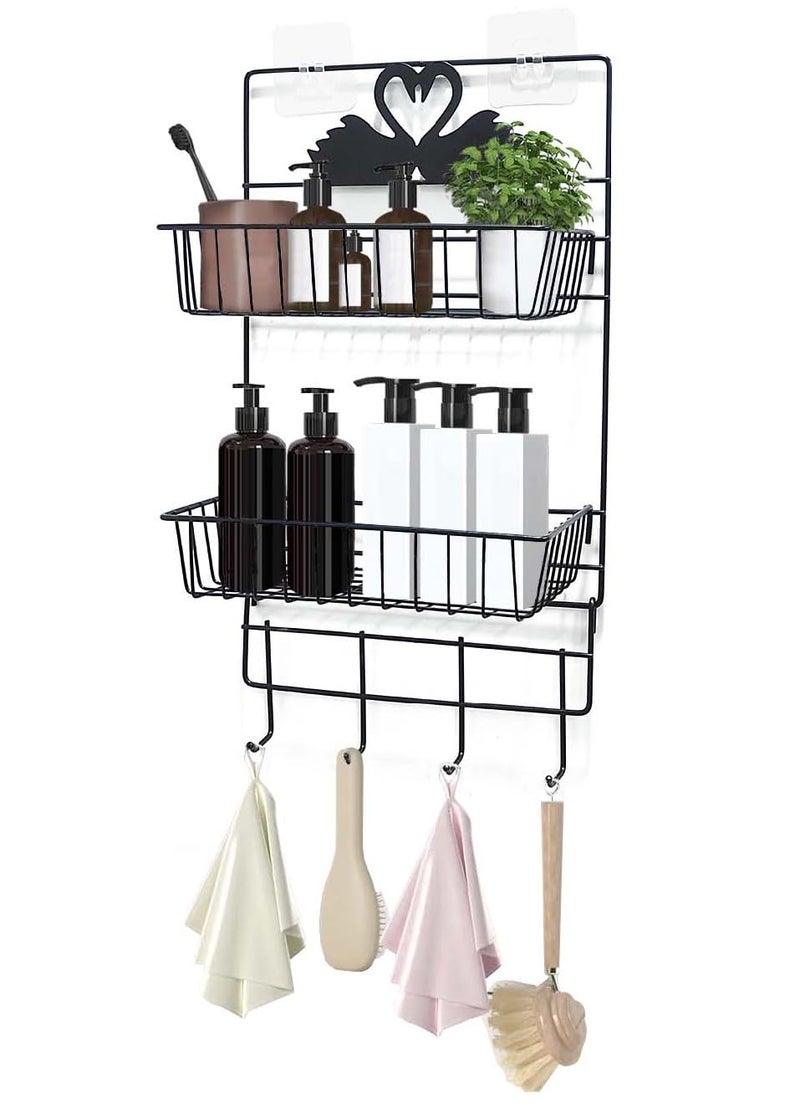 Lukzer 2 Layer Self-Adhesive Multipurpose Kitchen & Bathroom Shelf with 4 Hooks Towel Hanger Shower Caddy Accessories Holder Storage Organizer Wall Mounted Rack (Black/48 x 25 x 13 cm) - Image 3