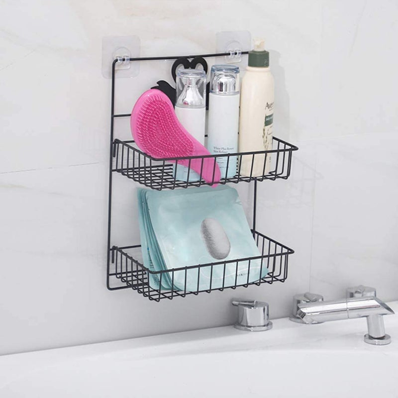 Lukzer 2 Layer Self-Adhesive Multipurpose Kitchen & Bathroom Shelf with 4 Hooks Towel Hanger Shower Caddy Accessories Holder Storage Organizer Wall Mounted Rack (Black/48 x 25 x 13 cm) - Image 5
