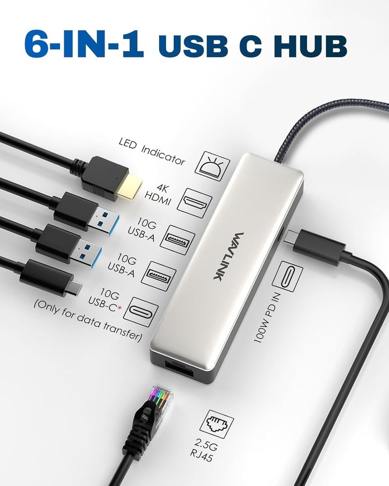 WAVLINK محور USB C مع إيثرنت 2.5Gbps، WAVLINK 6 في 1 محور USB C 4K@120Hz HDMI 2.1، 3 * 10Gbps منافذ USB-C/USB-A، شحن PD 100W لجهاز MacBook Pro/Air، iPad، Dell، HP، Lenovo، Asus، Acer - Image 2