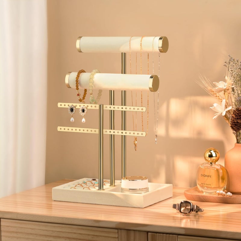 bussdis 3 Tier Bracelet Holder Display - Detachable T Bar Beige Velvet Jewelry Organizer for Bracelets, Necklaces, Earrings, and Rings - Image 4