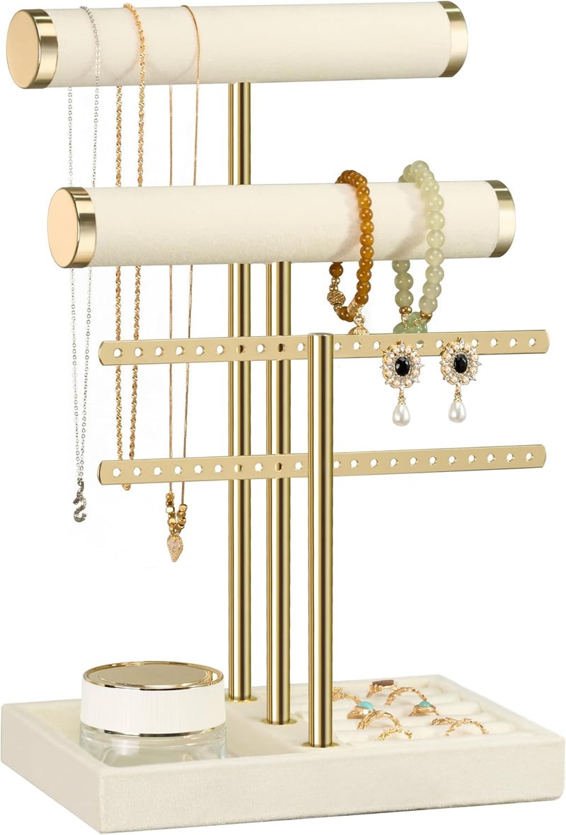 bussdis 3 Tier Bracelet Holder Display - Detachable T Bar Beige Velvet Jewelry Organizer for Bracelets, Necklaces, Earrings, and Rings - Image 1