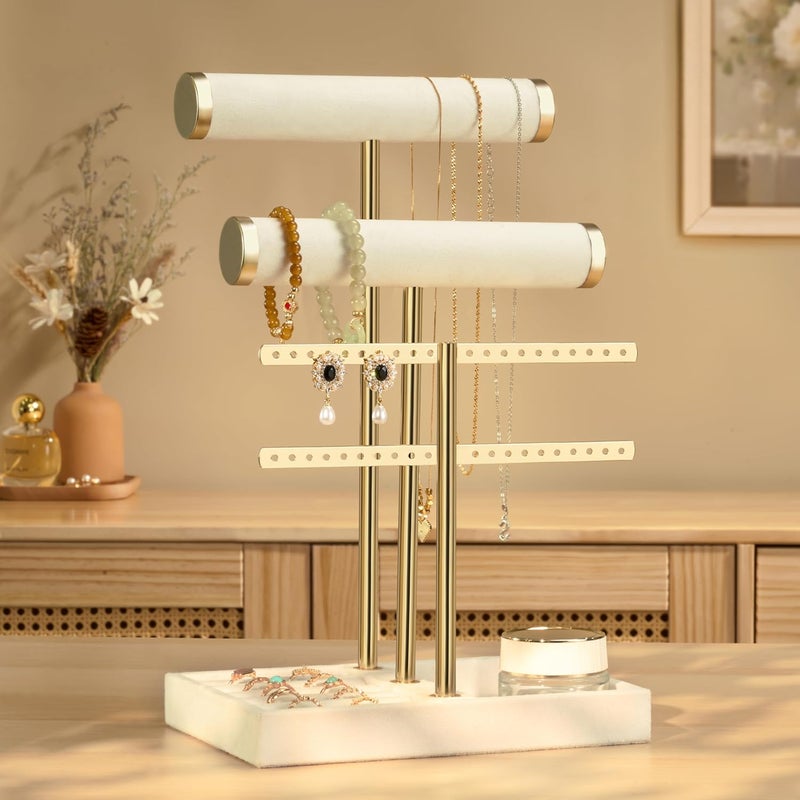 bussdis 3 Tier Bracelet Holder Display - Detachable T Bar Beige Velvet Jewelry Organizer for Bracelets, Necklaces, Earrings, and Rings - Image 2