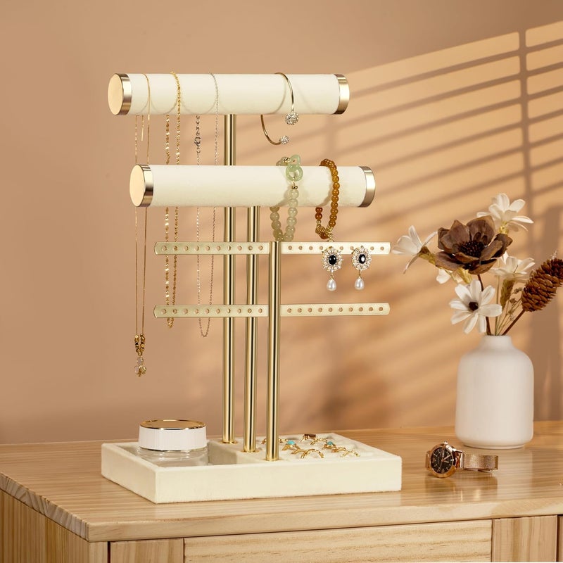bussdis 3 Tier Bracelet Holder Display - Detachable T Bar Beige Velvet Jewelry Organizer for Bracelets, Necklaces, Earrings, and Rings - Image 3