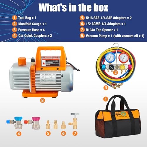 BACOENG AC Vacuum Pump and Gauge Set, 4 Way HVAC Vacuum Pump Kit for R134a R410a R22 Refrigerants, with R134a Car Quick Couplers, Can Tap and 4x5FT Hoses - Image 2