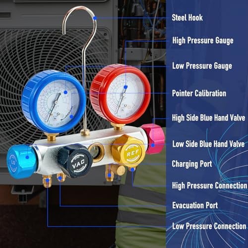 BACOENG AC Vacuum Pump and Gauge Set, 4 Way HVAC Vacuum Pump Kit for R134a R410a R22 Refrigerants, with R134a Car Quick Couplers, Can Tap and 4x5FT Hoses - Image 4