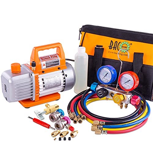 BACOENG AC Vacuum Pump and Gauge Set, 4 Way HVAC Vacuum Pump Kit for R134a R410a R22 Refrigerants, with R134a Car Quick Couplers, Can Tap and 4x5FT Hoses - Image 1