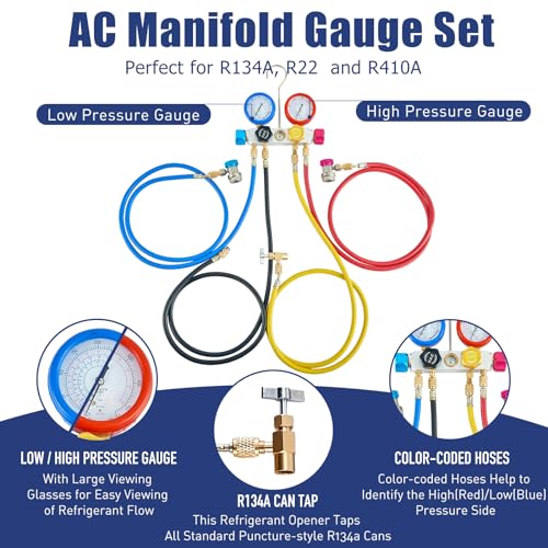 BACOENG AC Vacuum Pump and Gauge Set, 4 Way HVAC Vacuum Pump Kit for R134a R410a R22 Refrigerants, with R134a Car Quick Couplers, Can Tap and 4x5FT Hoses - Image 3