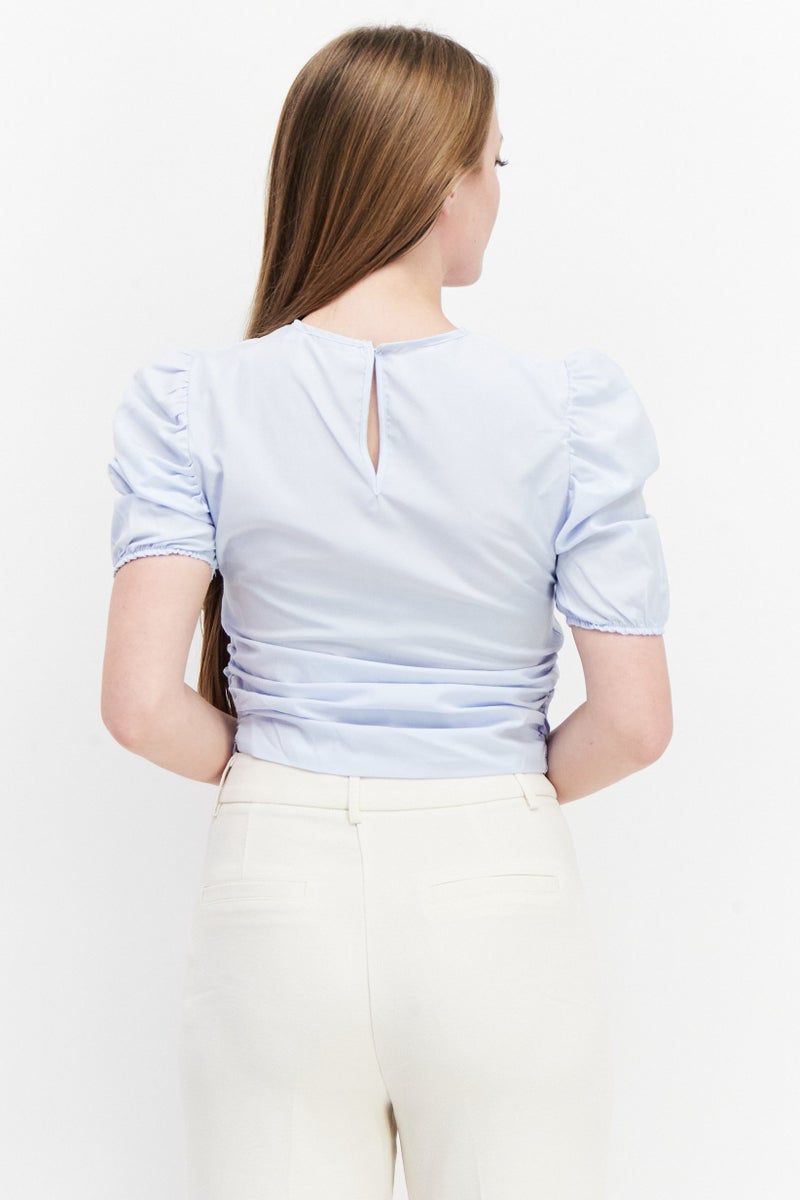 NA-KD Women Keyhole Neck Short Sleeve Plain Top, Dusty Blue - Image 3