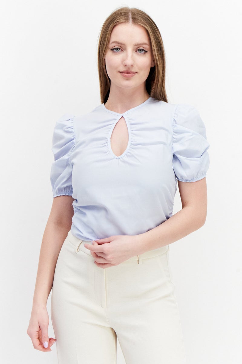 NA-KD Women Keyhole Neck Short Sleeve Plain Top, Dusty Blue - Image 1