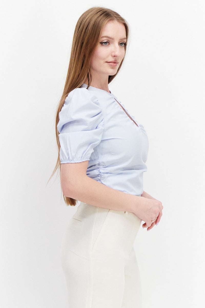 NA-KD Women Keyhole Neck Short Sleeve Plain Top, Dusty Blue - Image 2