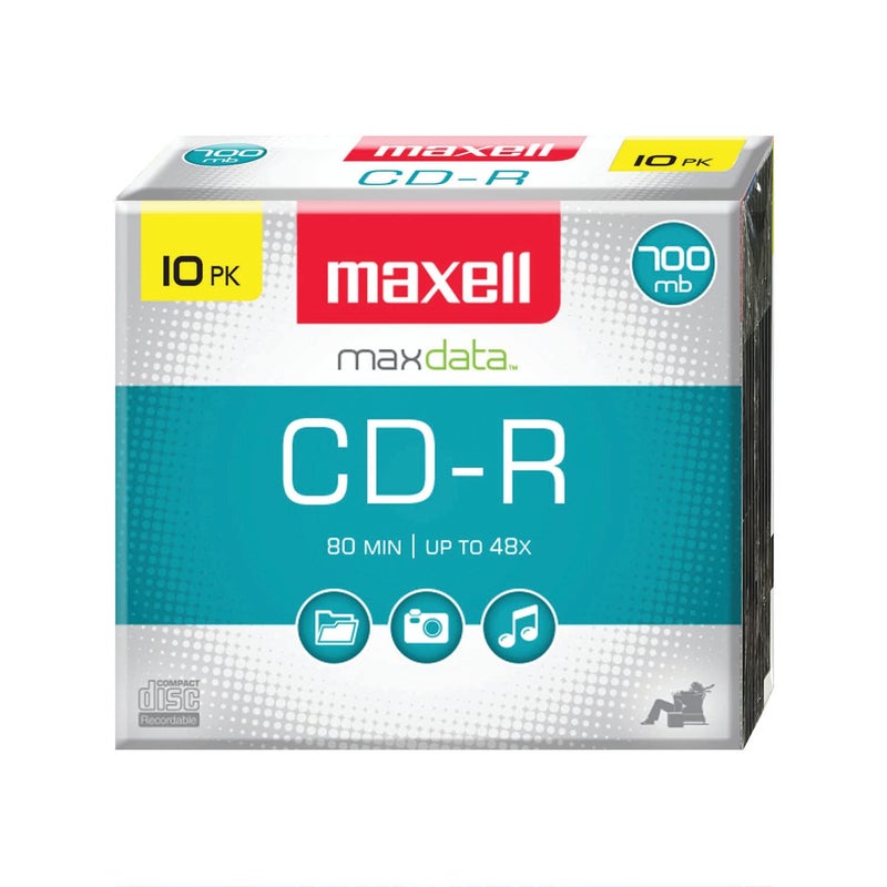Maxell â€“ MAX648210, CD Recordable Media - Noise-free Surface Playback CDs 700Mb Storage & Up to 48x - Blank CDs, CD Storage & Slim Jewel Case Holder â€“ 10 Pack - Image 1