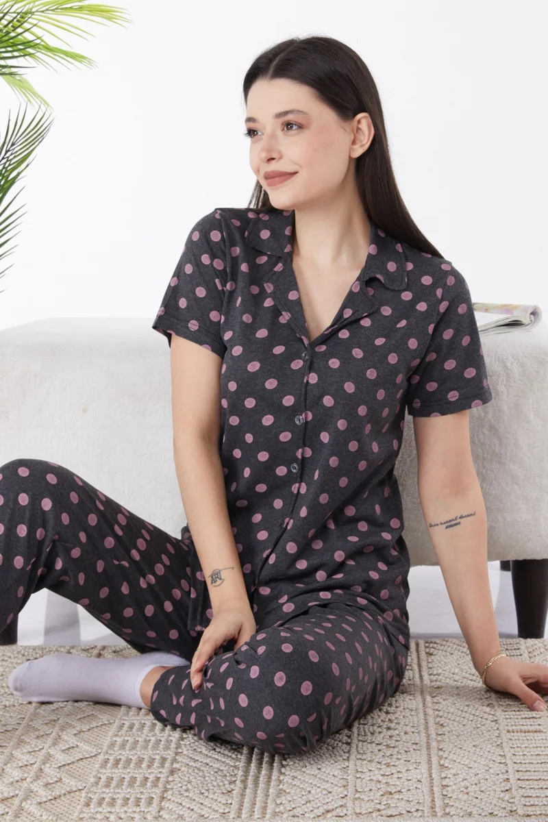 Tofisa Plain Shirt Collar Women's Anthracite Pajama Set - 25268