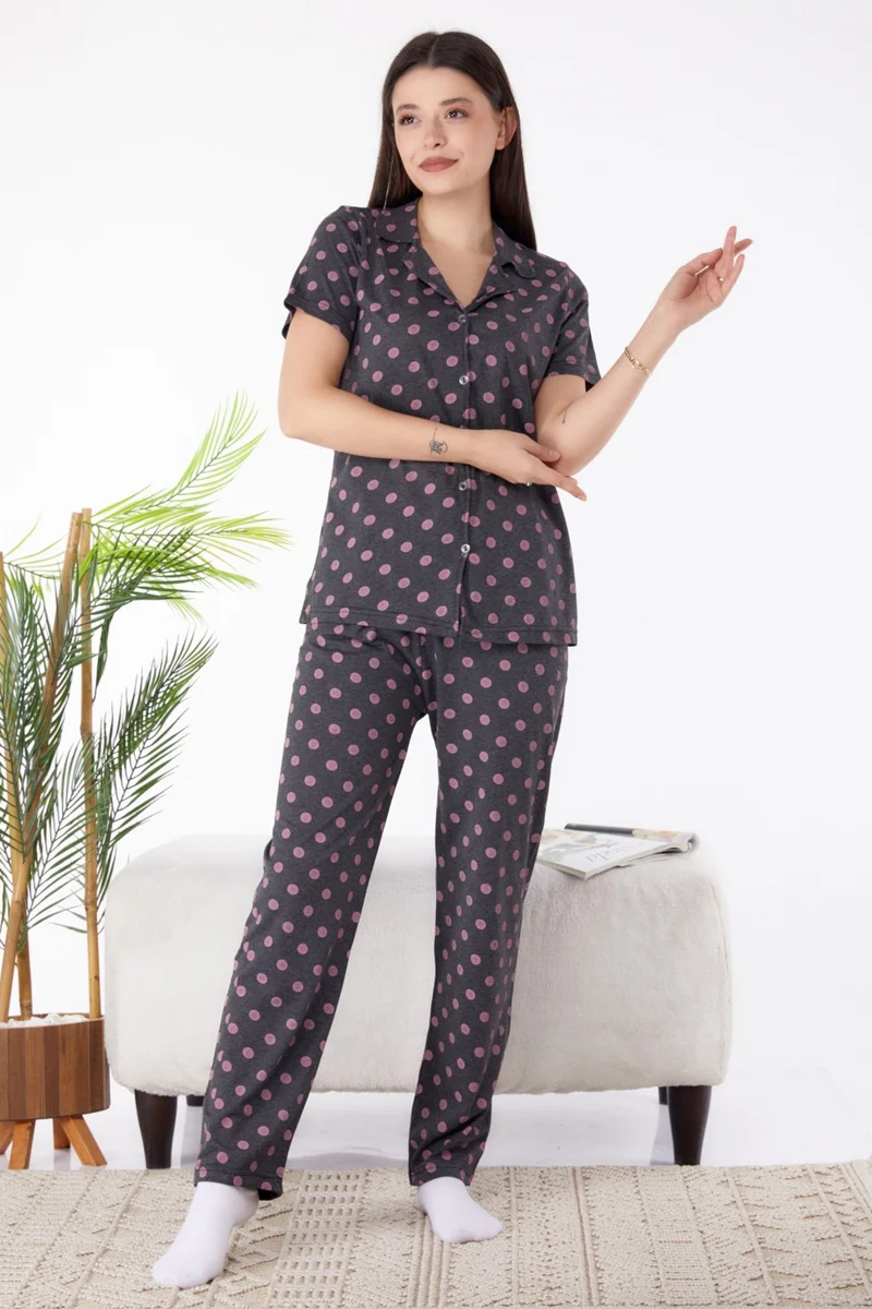 Tofisa Plain Shirt Collar Women's Anthracite Pajama Set - 25268