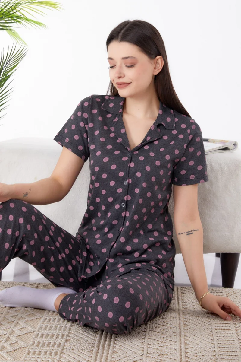 Tofisa Plain Shirt Collar Women's Anthracite Pajama Set - 25268