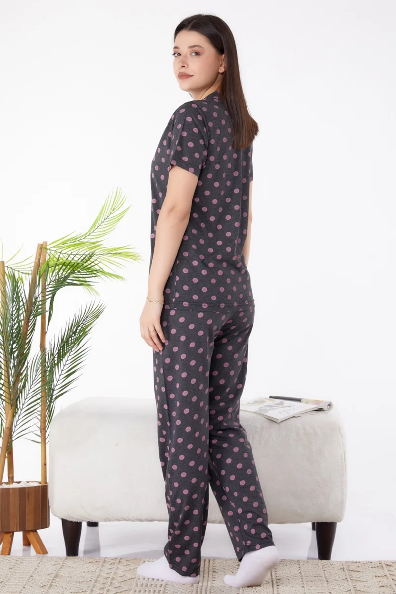 Tofisa Plain Shirt Collar Women's Anthracite Pajama Set - 25268