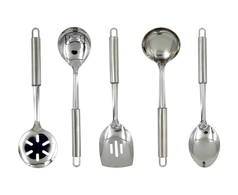 NOHUNT Kitchen Tools Stainless Steel Heavy 5 Piece Set of Ladle (Karchhi), Skimmer (Jhara), Solid Spoon (Chamcha) and Slotted Turner/Spatula (Palta) for Cooking & Frying (27cm Each) - Image 1