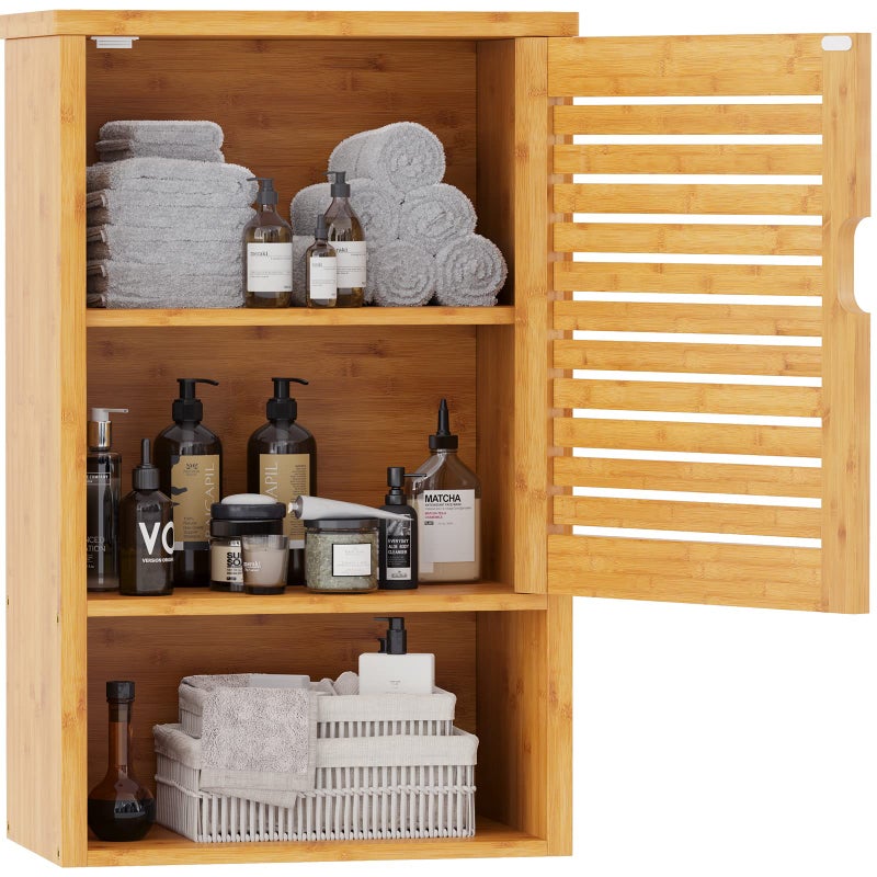 VIAGDO Bathroom Wall Cabinet, Wooden Medicine Cabinet with Single Door and Adjustable Inner Shelf, Bamboo Storage Cabinet Wall Mounted, Over The Toilet Hanging Cupboard, 15.7â€™â€™Lx7.8â€™â€™Wx23.6â€™â€™H - Image 1