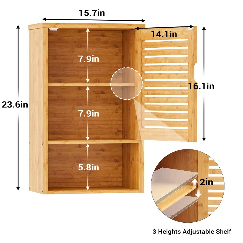 VIAGDO Bathroom Wall Cabinet, Wooden Medicine Cabinet with Single Door and Adjustable Inner Shelf, Bamboo Storage Cabinet Wall Mounted, Over The Toilet Hanging Cupboard, 15.7â€™â€™Lx7.8â€™â€™Wx23.6â€™â€™H - Image 3