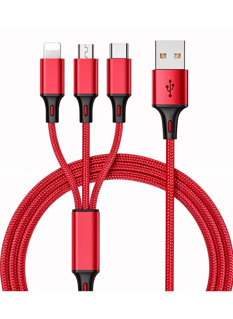 Generic - 3-in-1 Multi Charging Cable - Nylon Braided USB Fast Charger (Lightning, Type-C, Micro USB) for iPhone, Android, Tablets, and More (1.2m, Red) - Image 1
