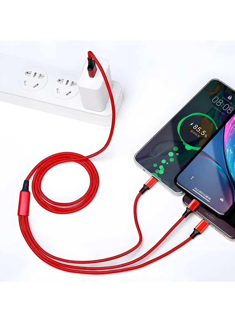 Generic - 3-in-1 Multi Charging Cable - Nylon Braided USB Fast Charger (Lightning, Type-C, Micro USB) for iPhone, Android, Tablets, and More (1.2m, Red) - Image 1