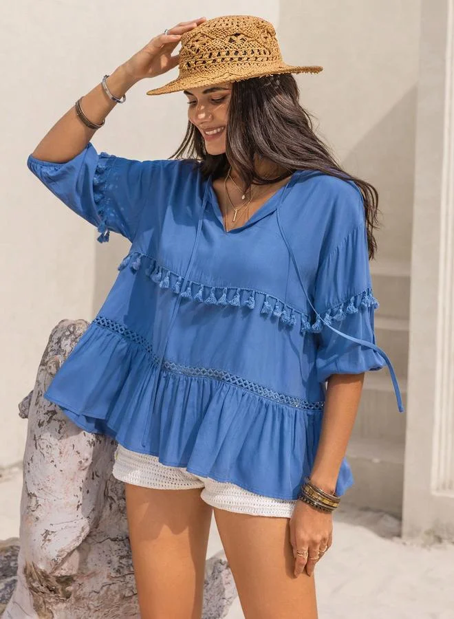 Take Two Styli Solid Ruffle Hem Tie-Up Neck Tasseled Blouse
