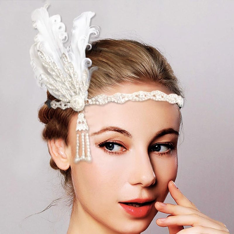 CASDRE Vintage White Feather Headband Pearl 1920s Headpieces Crystal 20s Hair Accessories for Women and Girls