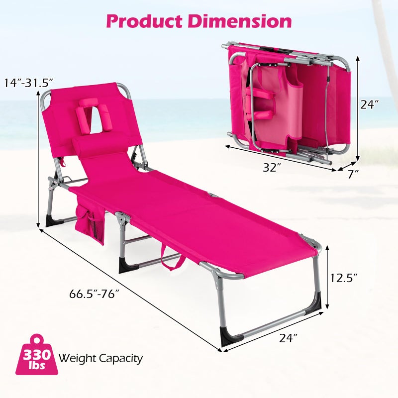 Goplus Tanning Chair, Folding Adjustable Patio Lounge Chair with Face Hole, Removable Pillow, 330LBS, Carry Strap, Outdoor Sunbathing Chair, Lightweight Portable Beach Lounge Chair, No Assembly - Image 3