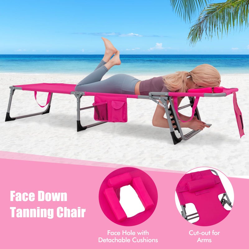 Goplus Tanning Chair, Folding Adjustable Patio Lounge Chair with Face Hole, Removable Pillow, 330LBS, Carry Strap, Outdoor Sunbathing Chair, Lightweight Portable Beach Lounge Chair, No Assembly - Image 4