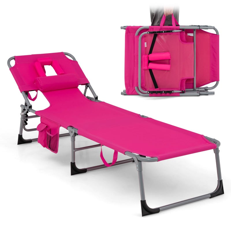 Goplus Tanning Chair, Folding Adjustable Patio Lounge Chair with Face Hole, Removable Pillow, 330LBS, Carry Strap, Outdoor Sunbathing Chair, Lightweight Portable Beach Lounge Chair, No Assembly - Image 1