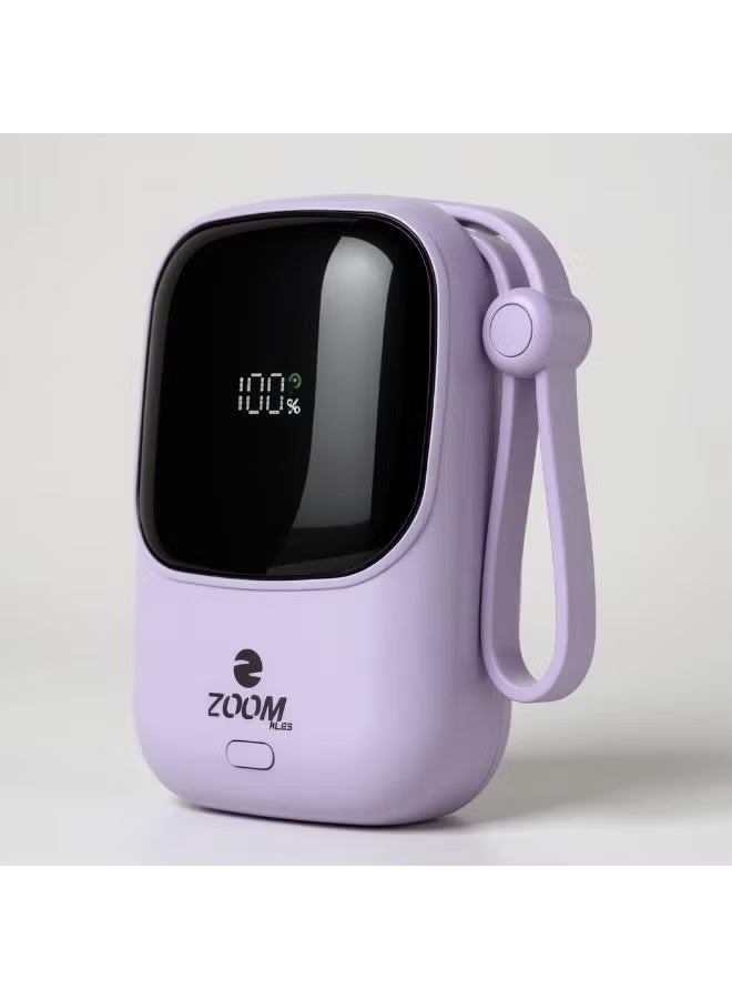 Zoom Plus Light purple portable power bank, 10000mAh capacity, 22.5W output, with Lightning cable, Type-C cable, and built-in digital display. - Image 1