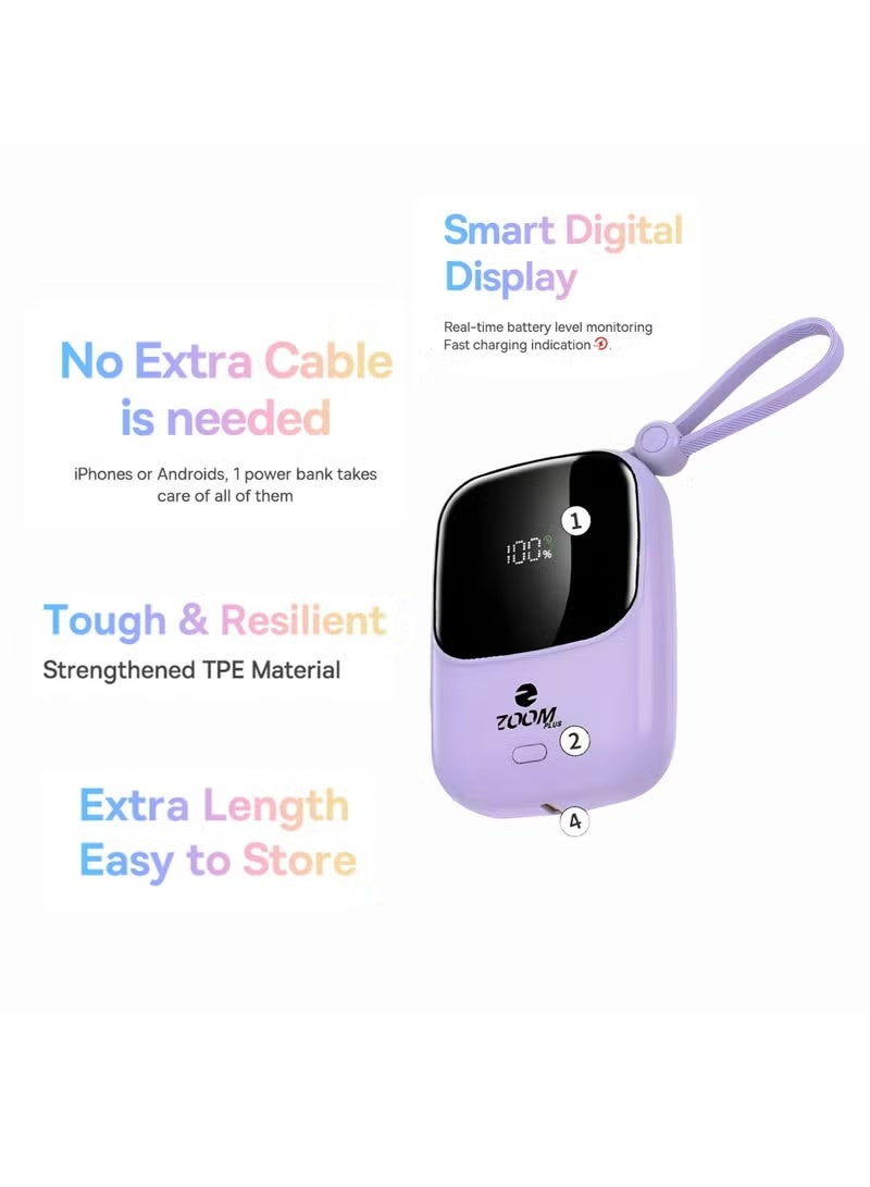 Zoom Plus Light purple portable power bank, 10000mAh capacity, 22.5W output, with Lightning cable, Type-C cable, and built-in digital display. - Image 2