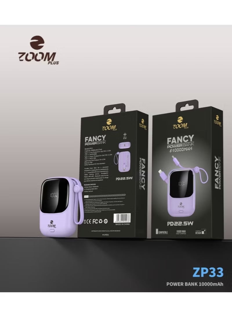 Zoom Plus Light purple portable power bank, 10000mAh capacity, 22.5W output, with Lightning cable, Type-C cable, and built-in digital display. - Image 3