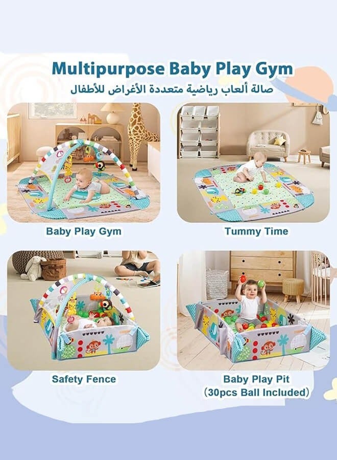 ASIV 5-in-1 Baby Gym & Play Mat, Detachable Fence Crawling Mat, 30 Balls + 7 Sensory Toys, Educational & Fun Growth Mat for Babies (Size: 109*97.6*54cm) - Image 2