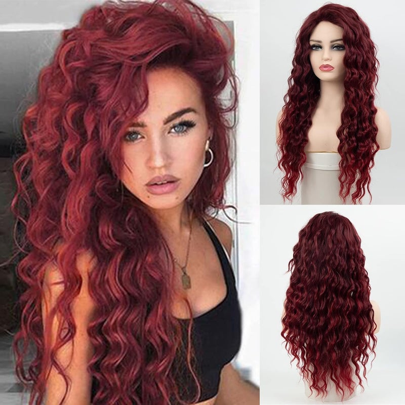 Long Curly Wavy Wine Red Wig for Women Side Part Burgundy Natural Looking Cosplay Synthetic Fiber Wig Heat Resistant Replacement Wig